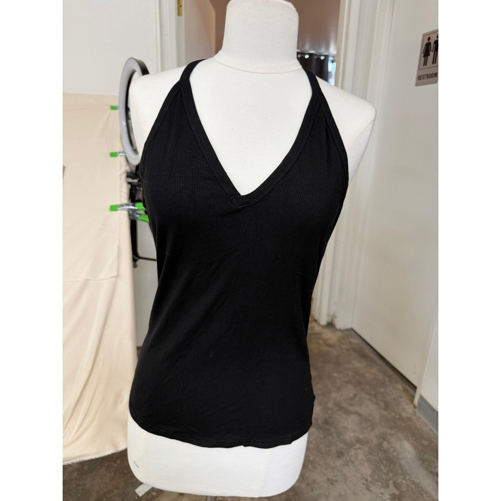 Black Ribbed Racerback Halter Tank Top Women's XL Stretch Basic Y2K
